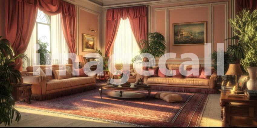 Hotel Lobby Comfort: Beige Sofas and Wooden Table, Warm Lighting and Flowers Create a Welcoming, Relaxing Atmosphere.