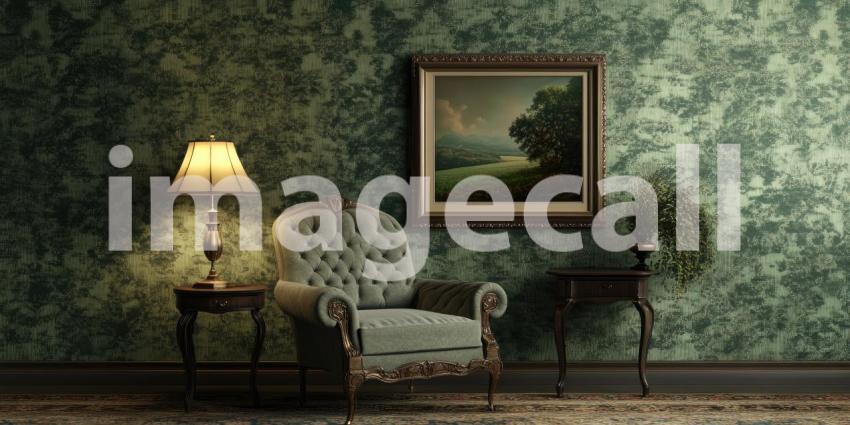 Emerald Room Elegance: Green Walls and Plants, a Cozy Armchair and Warm Lamp Light in a Classic, Refined Interior.