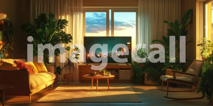 Hotel Lobby Comfort: Beige Sofas and Wooden Table, Warm Lighting and Flowers Create a Welcoming, Relaxing Atmosphere.