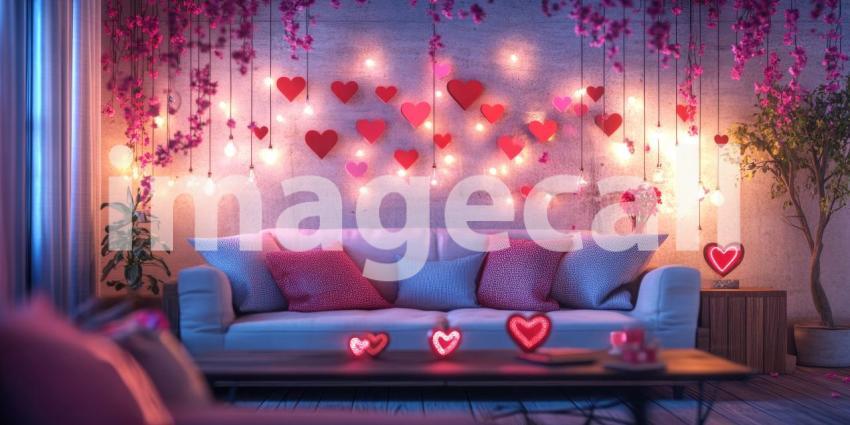 Valentine Day Living Room: Red Hearts and Soft Pillows, a Cozy Couch in a Warm, Romantic Atmosphere.