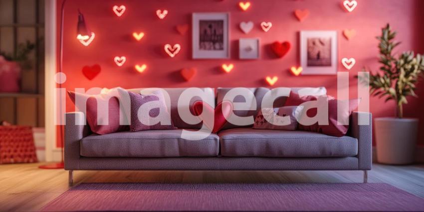 Valentine Day Living Room: Red Hearts and Soft Pillows, a Cozy Couch in a Warm, Romantic Atmosphere.
