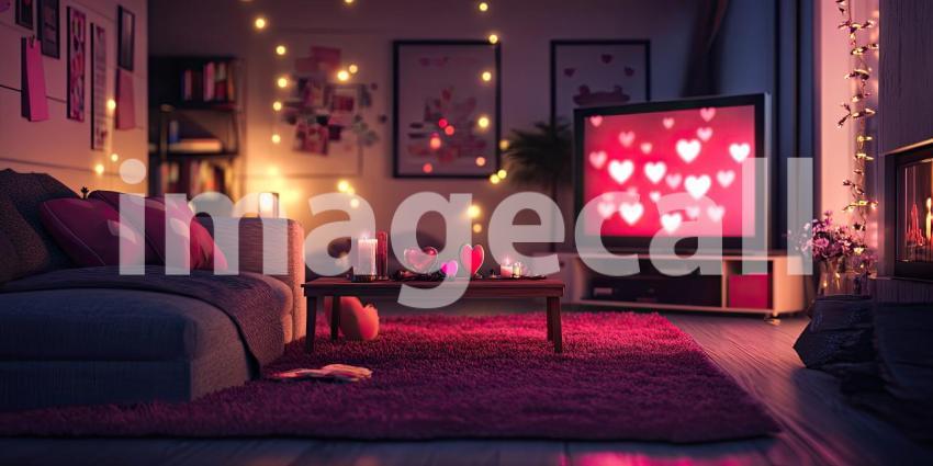 Valentine Day Living Room: Red Hearts and Soft Pillows, a Cozy Couch in a Warm, Romantic Atmosphere.