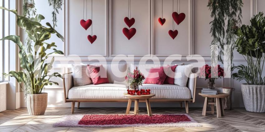 Valentine Day Living Room: Red Hearts and Soft Pillows, a Cozy Couch in a Warm, Romantic Atmosphere.