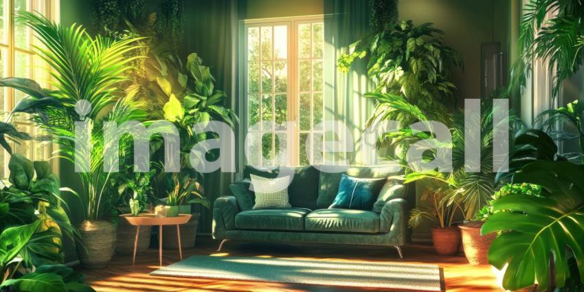 Indoor Jungle Retreat: Lush Green Plants Surround a Cozy Couch, Sunlight Streams Through Window, a Tranquil, Botanical Haven.