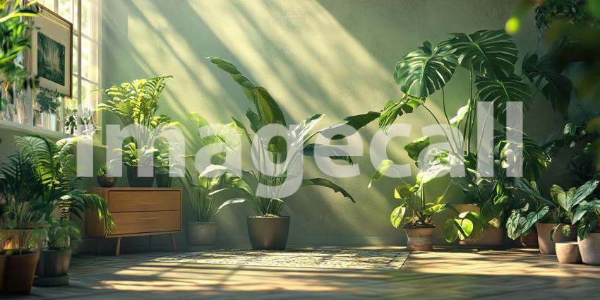 Indoor Jungle Retreat: Lush Green Plants Surround a Cozy Couch, Sunlight Streams Through Window, a Tranquil, Botanical Haven.