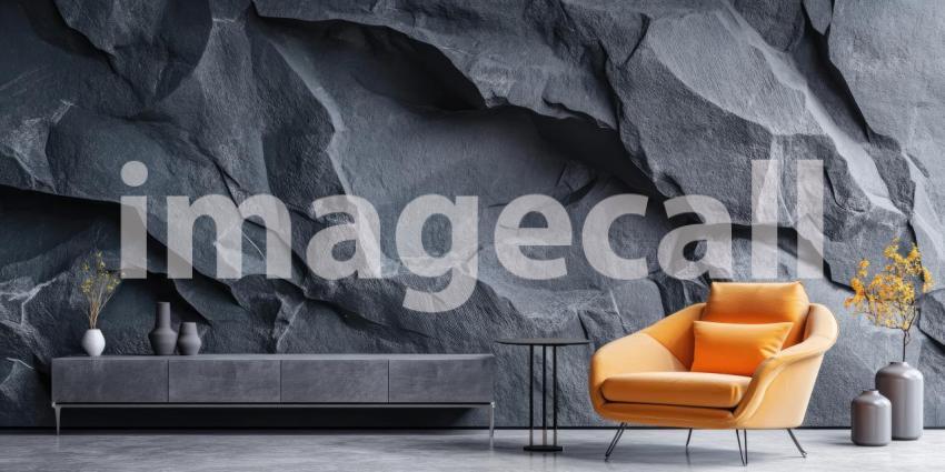 Textured Rock Accent Wall: Orange Chair and Minimalist Furniture, a Modern Interior with Organic Texture and Contrasting Colors.