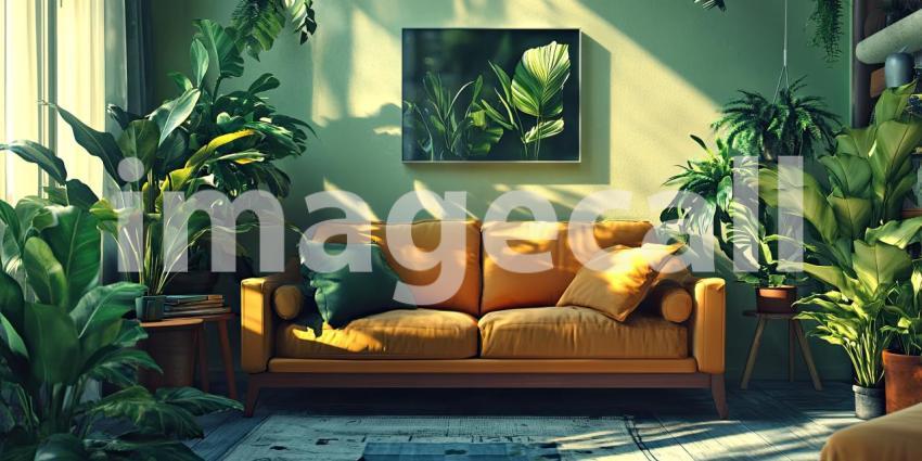Indoor Jungle Retreat: Lush Green Plants Surround a Cozy Couch, Sunlight Streams Through Window, a Tranquil, Botanical Haven.