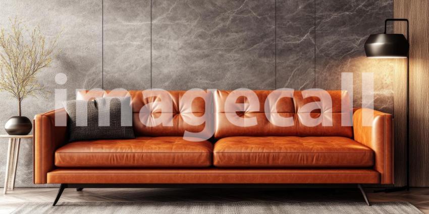 Terracotta and Shadow: Orange Sofa Against Warm Wall, Sunlight Creates Geometric Patterns, a Modern Interior with Vibrant Hues.