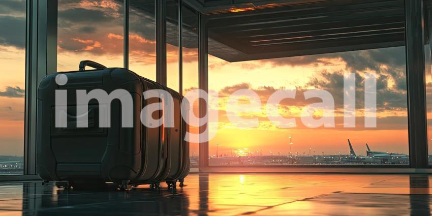 Airport Departure: Suitcase Stands Against Sunset Window, Silhouette of City Skyline, a Moment of Travel and Anticipation.