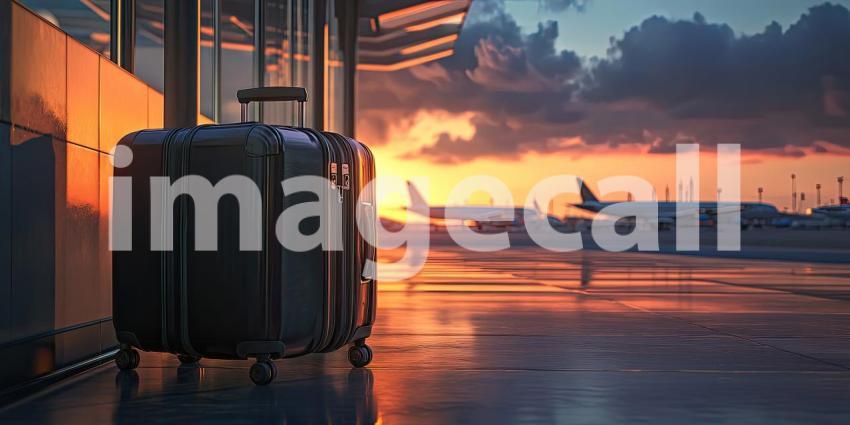 Airport Departure: Suitcase Stands Against Sunset Window, Silhouette of City Skyline, a Moment of Travel and Anticipation.