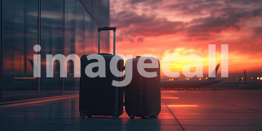 Airport Departure: Suitcase Stands Against Sunset Window, Silhouette of City Skyline, a Moment of Travel and Anticipation.