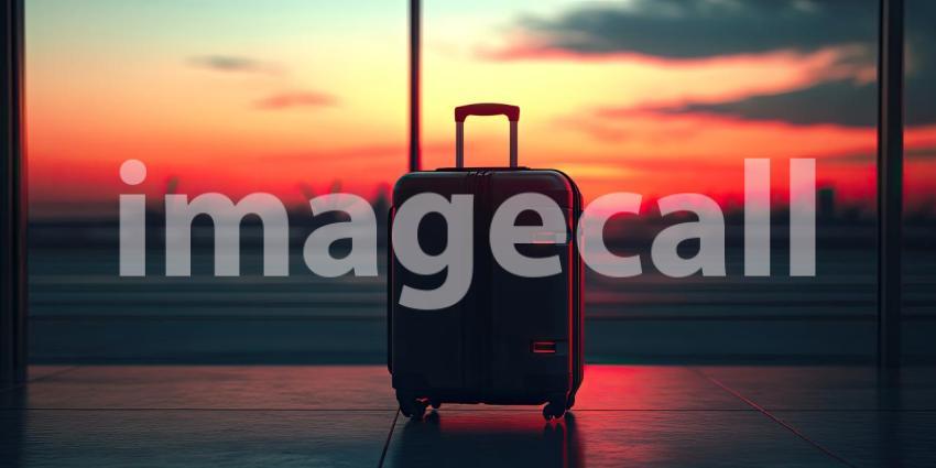 Airport Departure: Suitcase Stands Against Sunset Window, Silhouette of City Skyline, a Moment of Travel and Anticipation.