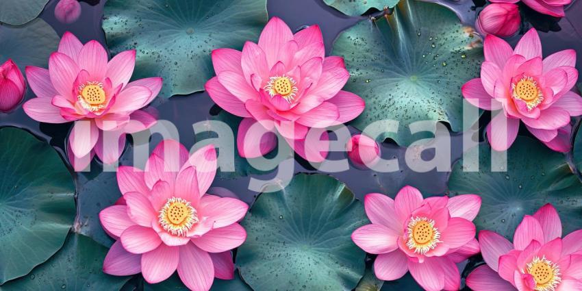Pink Lotus Blooms: Floating in Dark Water, Vibrant Petals and Yellow Centers, a Serene Scene of Aquatic Beauty.