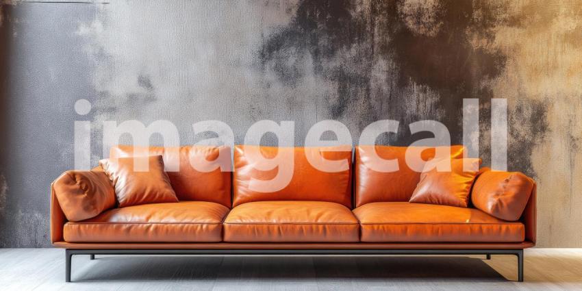 Terracotta and Shadow: Orange Sofa Against Warm Wall, Sunlight Creates Geometric Patterns, a Modern Interior with Vibrant Hues.