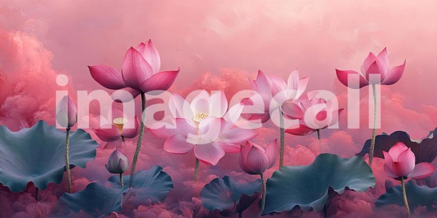 Pink Lotus Blooms: Floating in Dark Water, Vibrant Petals and Yellow Centers, a Serene Scene of Aquatic Beauty.