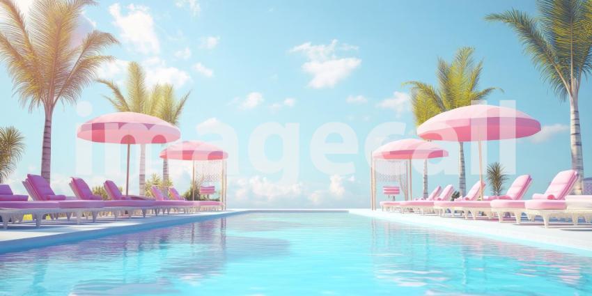 Pastel Poolside Paradise: Pink Umbrellas and Loungers by Turquoise Water, a Tropical Escape Under a Light Blue Sky.