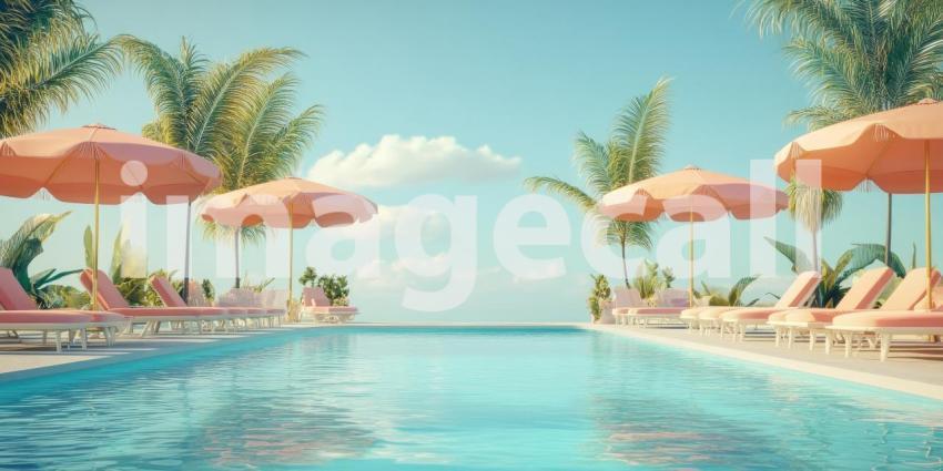 Pastel Poolside Paradise: Pink Umbrellas and Loungers by Turquoise Water, a Tropical Escape Under a Light Blue Sky.