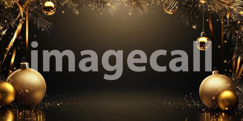 Festive Christmas Frame: Red and Gold Ornaments, Ribbons, and Pine Cones on a Dark, Glittering Background, Holiday Cheer.