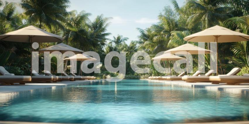 Pastel Poolside Paradise: Pink Umbrellas and Loungers by Turquoise Water, a Tropical Escape Under a Light Blue Sky.