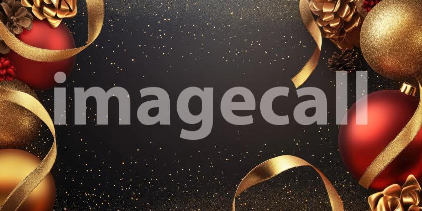 Festive Christmas Frame: Red and Gold Ornaments, Ribbons, and Pine Cones on a Dark, Glittering Background, Holiday Cheer.