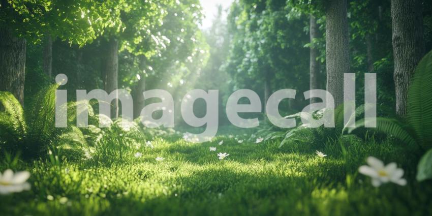 Sunlit Forest Path: White Flowers in Lush Greenery, Rays of Light Through Trees, a Tranquil Woodland Scene.