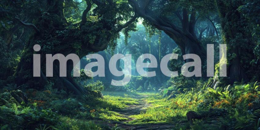 Sunlit Forest Path: White Flowers in Lush Greenery, Rays of Light Through Trees, a Tranquil Woodland Scene.