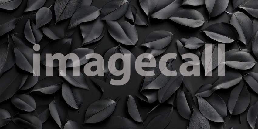 Monochrome Leaf Mosaic: Dark Leaves Overlap in a Textured Pattern, Shadows and Light Create Depth in a Somber Stillness.