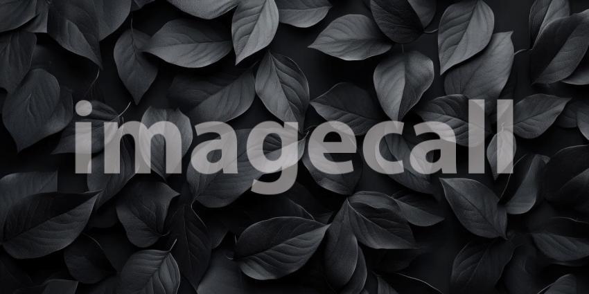 Monochrome Leaf Mosaic: Dark Leaves Overlap in a Textured Pattern, Shadows and Light Create Depth in a Somber Stillness.