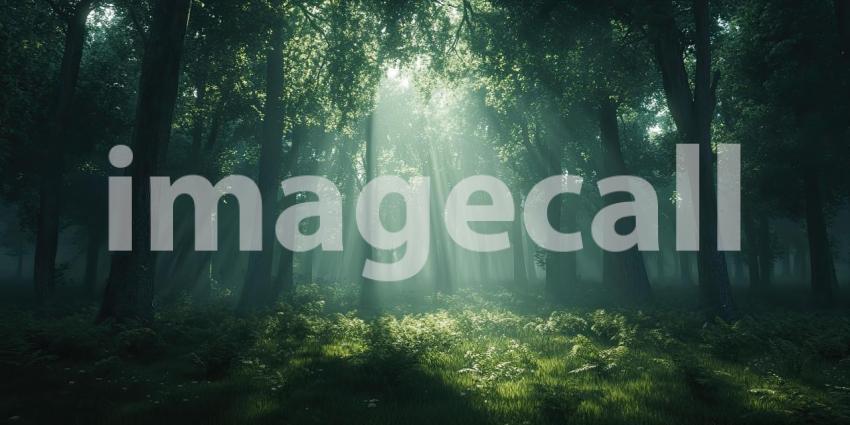 Sunlit Forest Path: White Flowers in Lush Greenery, Rays of Light Through Trees, a Tranquil Woodland Scene.