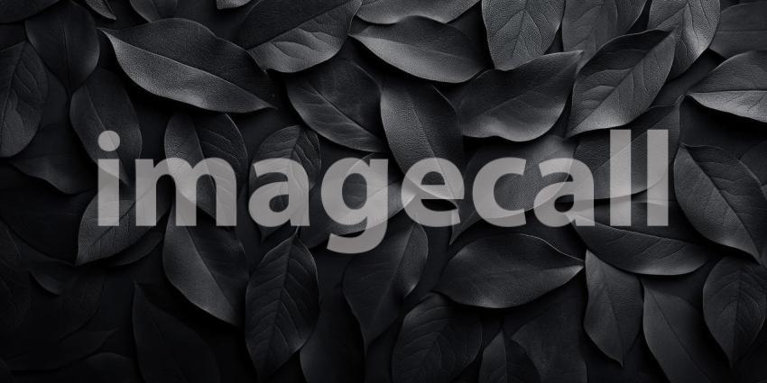 Monochrome Leaf Mosaic: Dark Leaves Overlap in a Textured Pattern, Shadows and Light Create Depth in a Somber Stillness.
