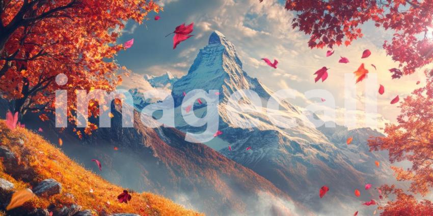 Autumn Mountain Majesty: Red Leaves Frame a Snow-Capped Peak, a Landscape of Vibrant Fall Colors and Majestic Heights.