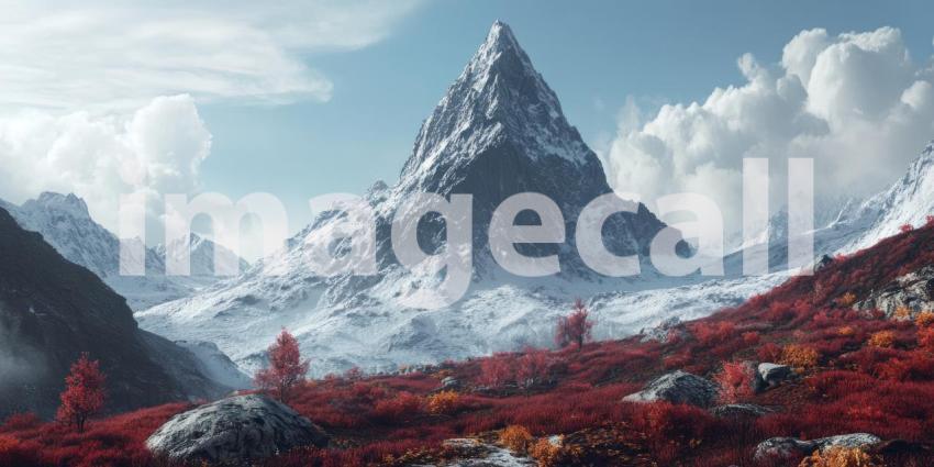 Autumn Mountain Majesty: Red Leaves Frame a Snow-Capped Peak, a Landscape of Vibrant Fall Colors and Majestic Heights.