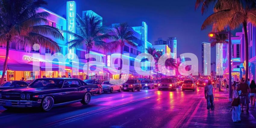 Neon Nights on Ocean Drive: Classic Cars and Art Deco Buildings, a Vibrant Miami Beach Scene in Electric Hues.