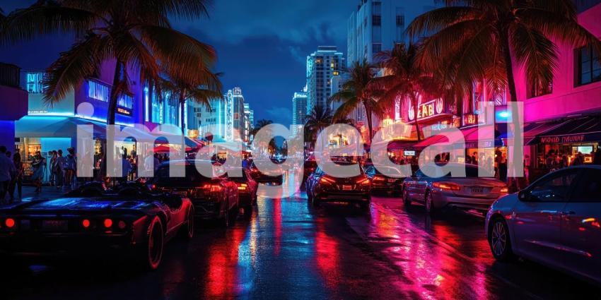 Neon Nights on Ocean Drive: Classic Cars and Art Deco Buildings, a Vibrant Miami Beach Scene in Electric Hues.