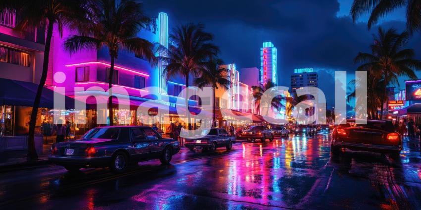 Neon Nights on Ocean Drive: Classic Cars and Art Deco Buildings, a Vibrant Miami Beach Scene in Electric Hues.