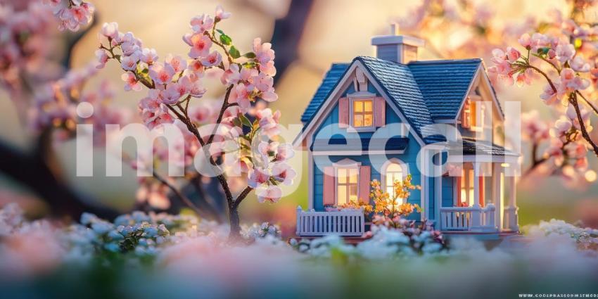 Tiny House in Bloom: Cherry Blossoms Surround a Miniature Cottage, a Dreamy Scene of Springtime Whimsy and Delicate Charm.