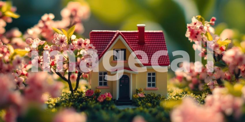 Tiny House in Bloom: Cherry Blossoms Surround a Miniature Cottage, a Dreamy Scene of Springtime Whimsy and Delicate Charm.