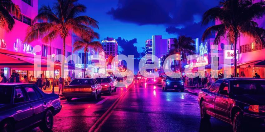 Neon Nights on Ocean Drive: Classic Cars and Art Deco Buildings, a Vibrant Miami Beach Scene in Electric Hues.