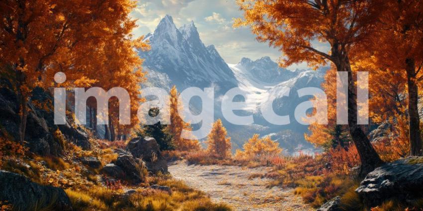 Autumn Mountain Majesty: Red Leaves Frame a Snow-Capped Peak, a Landscape of Vibrant Fall Colors and Majestic Heights.