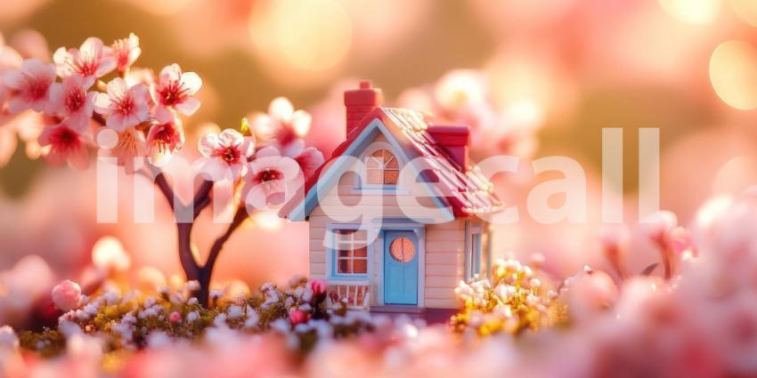 Tiny House in Bloom: Cherry Blossoms Surround a Miniature Cottage, a Dreamy Scene of Springtime Whimsy and Delicate Charm.