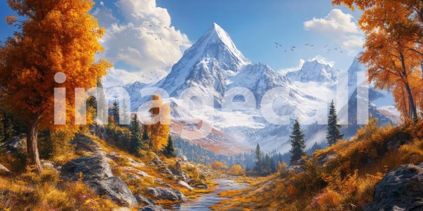 Autumn Mountain Majesty: Red Leaves Frame a Snow-Capped Peak, a Landscape of Vibrant Fall Colors and Majestic Heights.