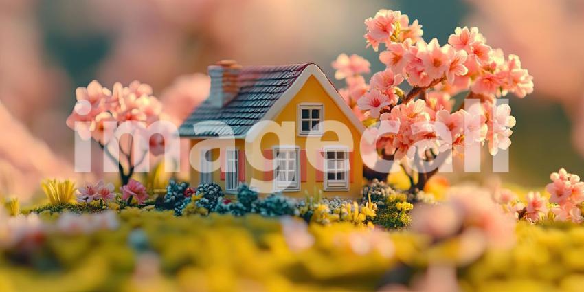Tiny House in Bloom: Cherry Blossoms Surround a Miniature Cottage, a Dreamy Scene of Springtime Whimsy and Delicate Charm.