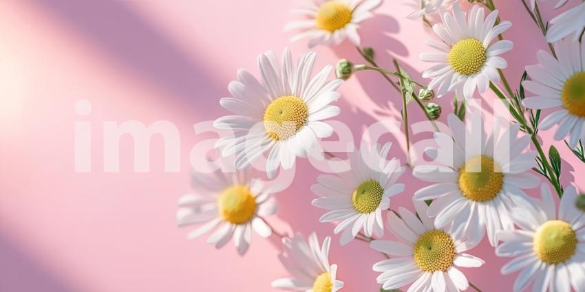 Daisies on Pink: White Petals and Yellow Centers, a Simple Floral Arrangement Against a Soft, Pastel Background.