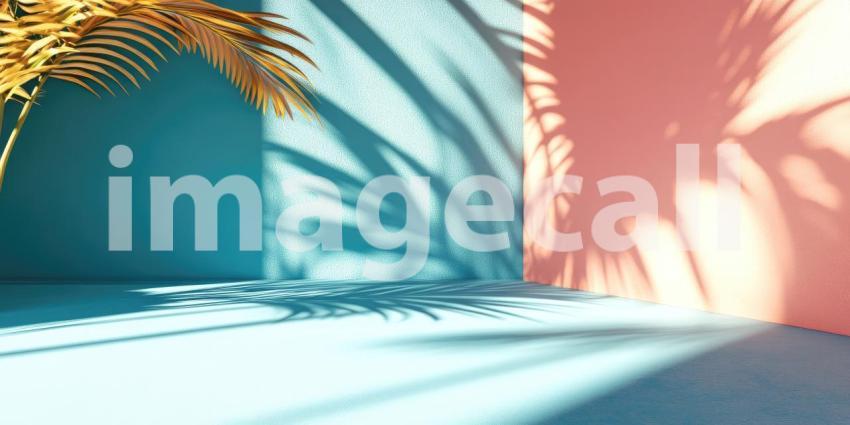 Tropical Palm Shadow: Plant in Pot Against Blue Wall, Sunlight Creates Striking Shadows, a Minimalist Interior with Natural Light.