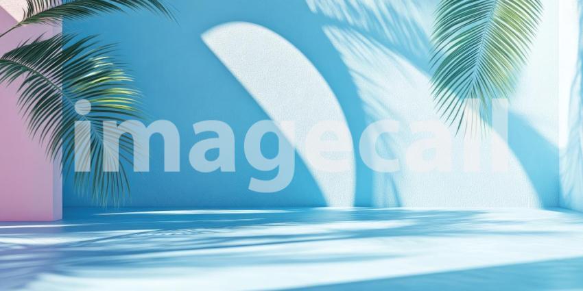 Tropical Palm Shadow: Plant in Pot Against Blue Wall, Sunlight Creates Striking Shadows, a Minimalist Interior with Natural Light.