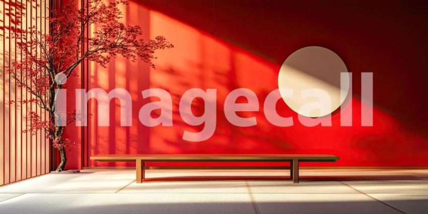 Japanese Zen Interior: Orange Walls and Tatami Mats, Bonsai Trees and Wooden Platform, a Minimalist Space of Tranquil Harmony.