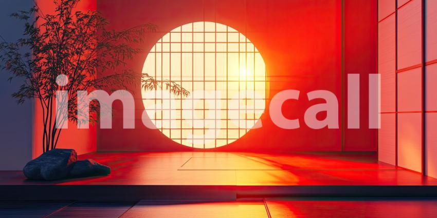 Japanese Zen Interior: Orange Walls and Tatami Mats, Bonsai Trees and Wooden Platform, a Minimalist Space of Tranquil Harmony.