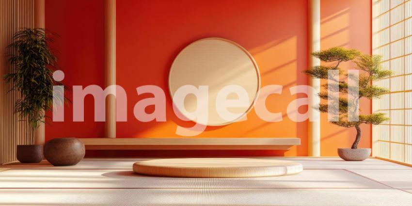Japanese Zen Interior: Orange Walls and Tatami Mats, Bonsai Trees and Wooden Platform, a Minimalist Space of Tranquil Harmony.