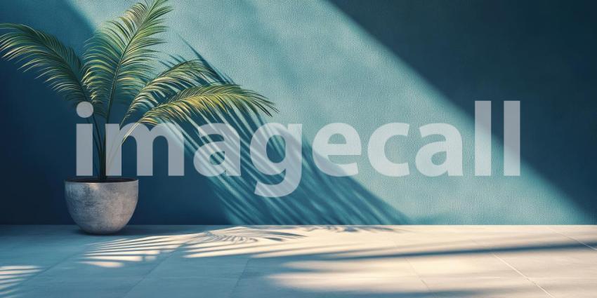 Tropical Palm Shadow: Plant in Pot Against Blue Wall, Sunlight Creates Striking Shadows, a Minimalist Interior with Natural Light.