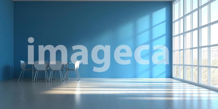 Blue Room Solitude: Table and Chairs in Soft Light, Window with Sheer Curtains, a Quiet Space in Monochromatic Hues.